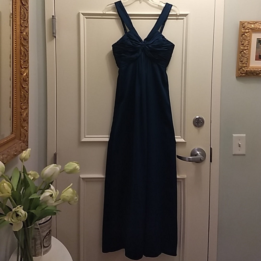 Deep teal blue floor length evening gown